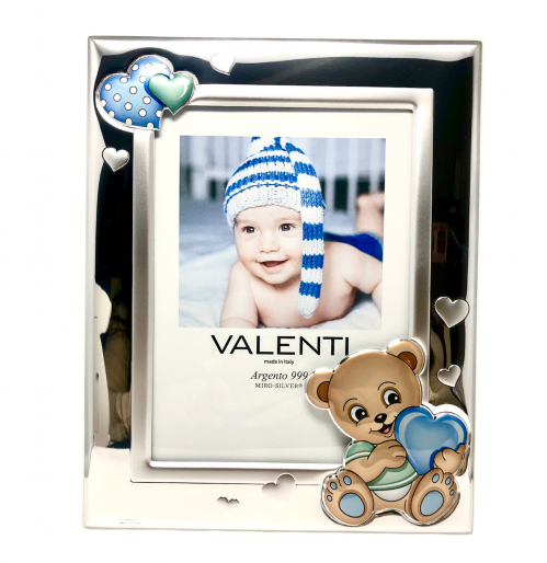 Cornice Bimbo Argento Valenti Con Orsetto e Cuore Blu 73115/4LC 13X18 CM